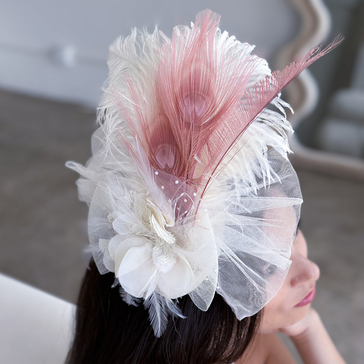 Clara Rose Gold and Ivory Ostrich Feather Fascinator