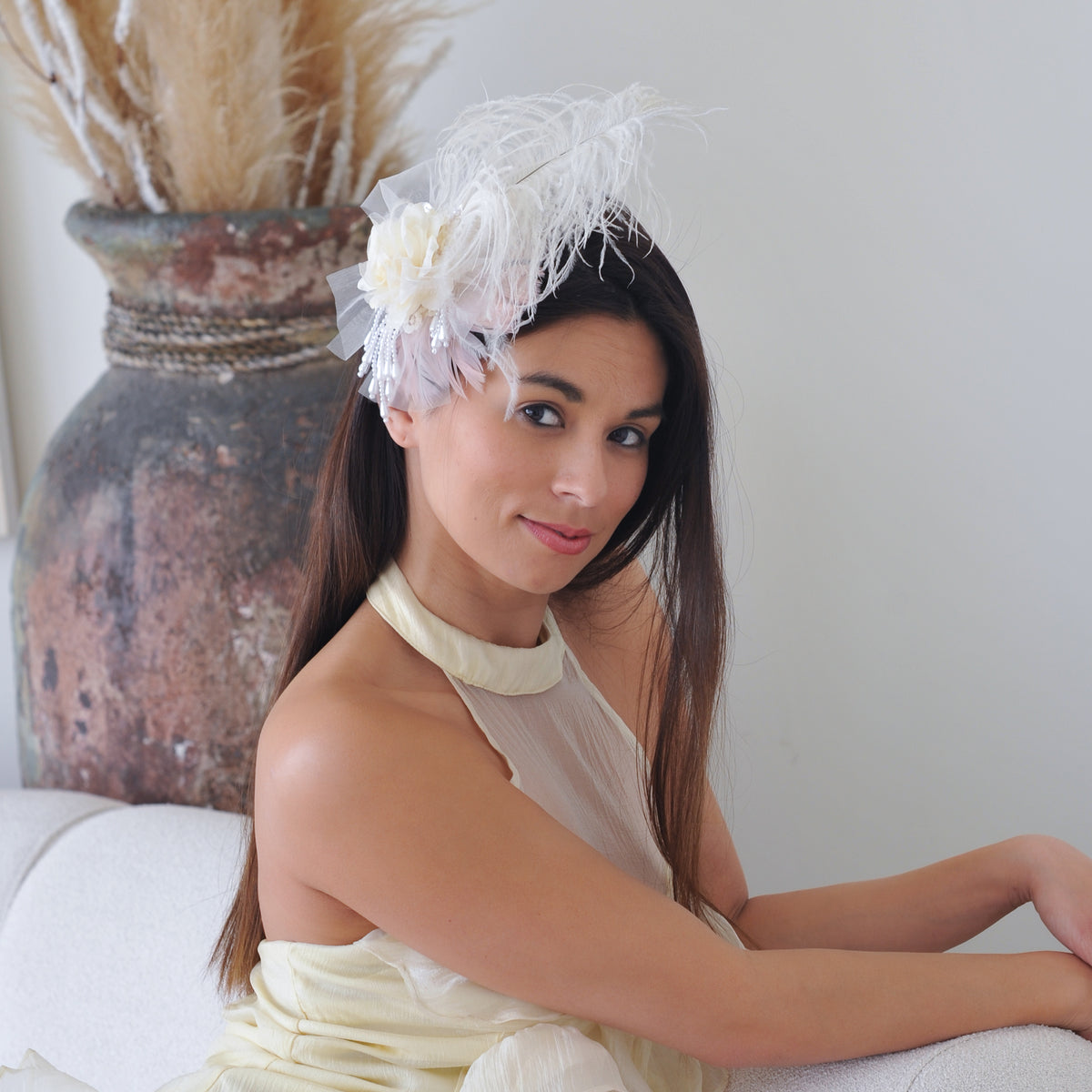 Victorian Style Ostrich Feather Clip Fascinator - Ivory
