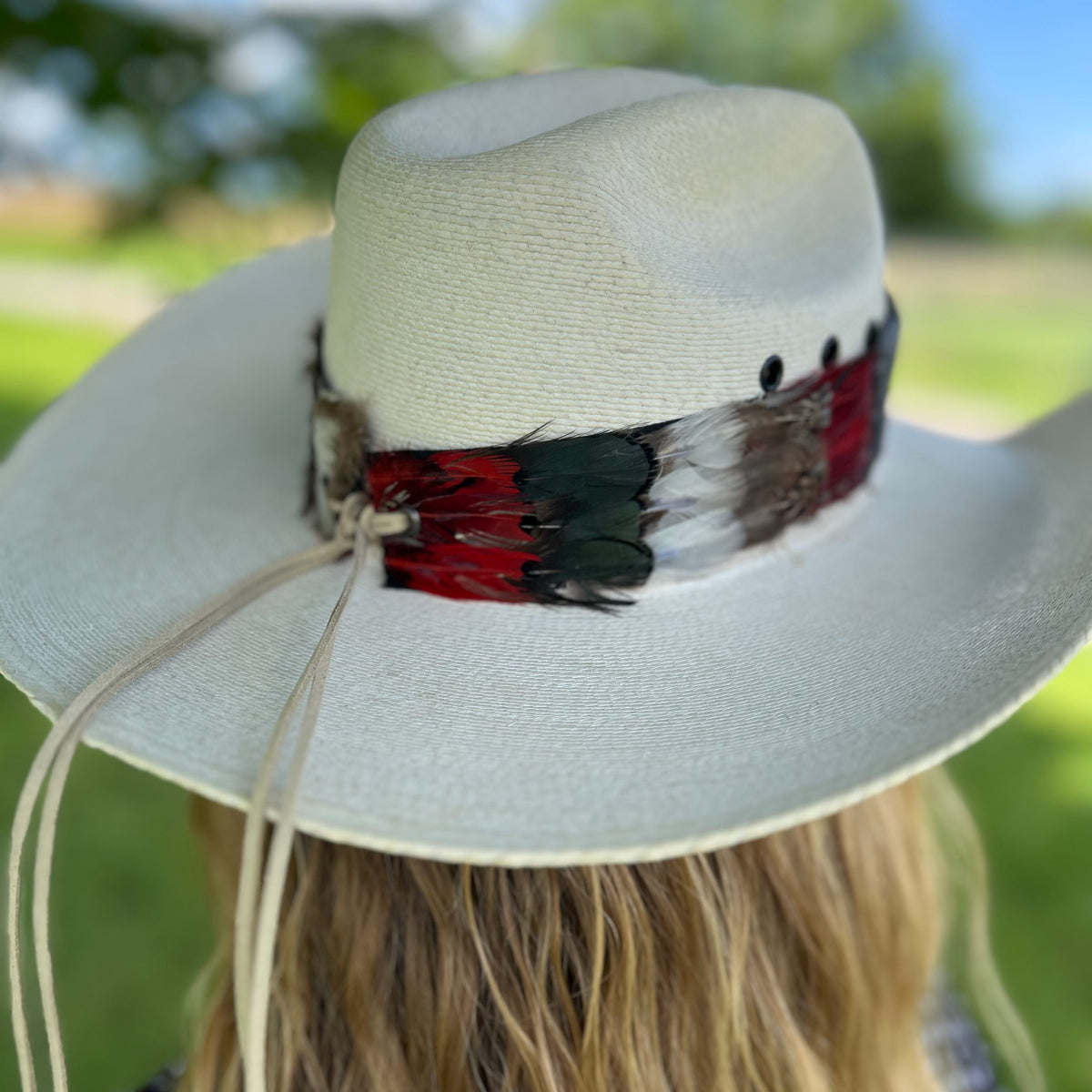 Natural Bronze Lady Amherst, Dark Heart and Blue Almond Pheasant Feather Hat Band