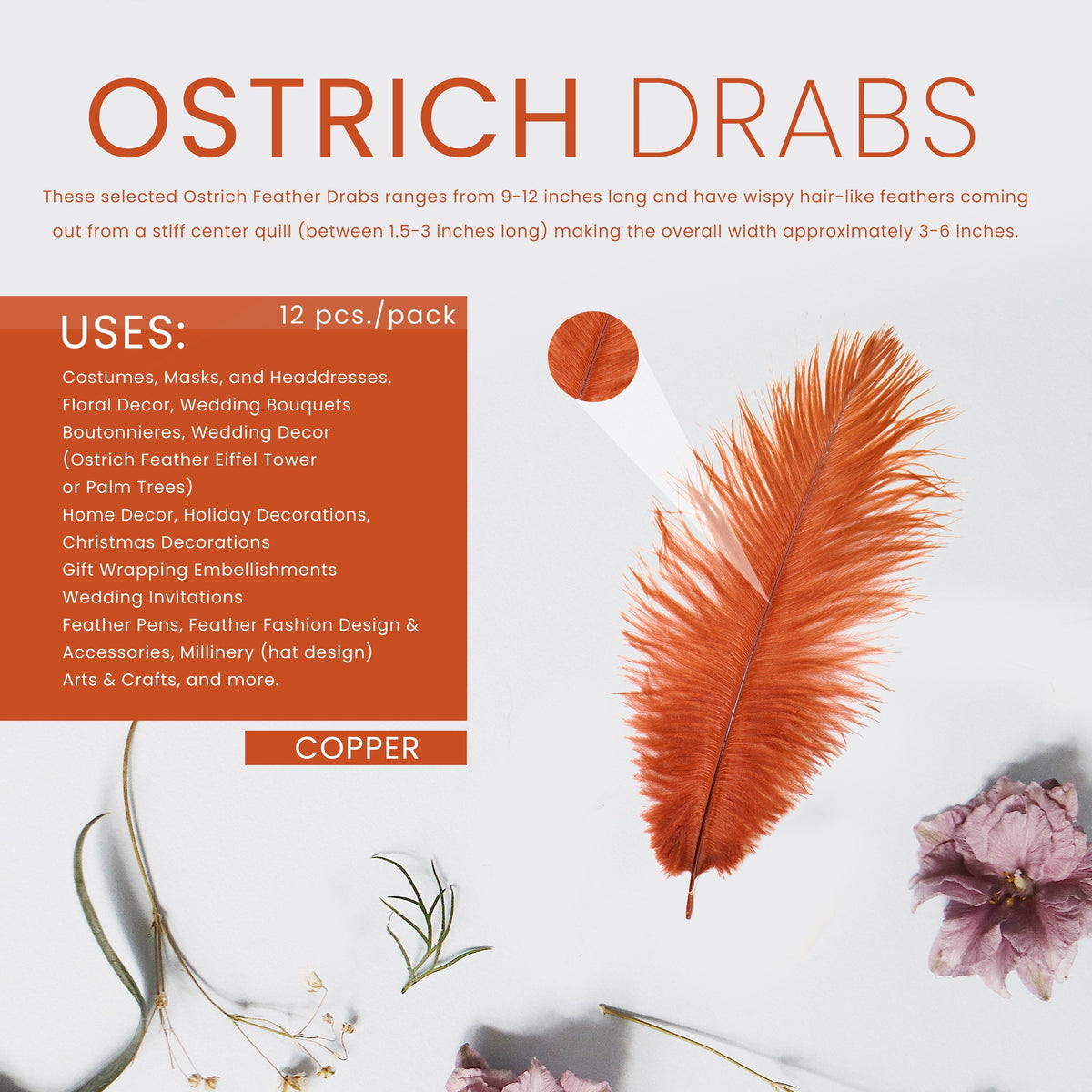 Ostrich Feathers 9-12" Drabs - Copper