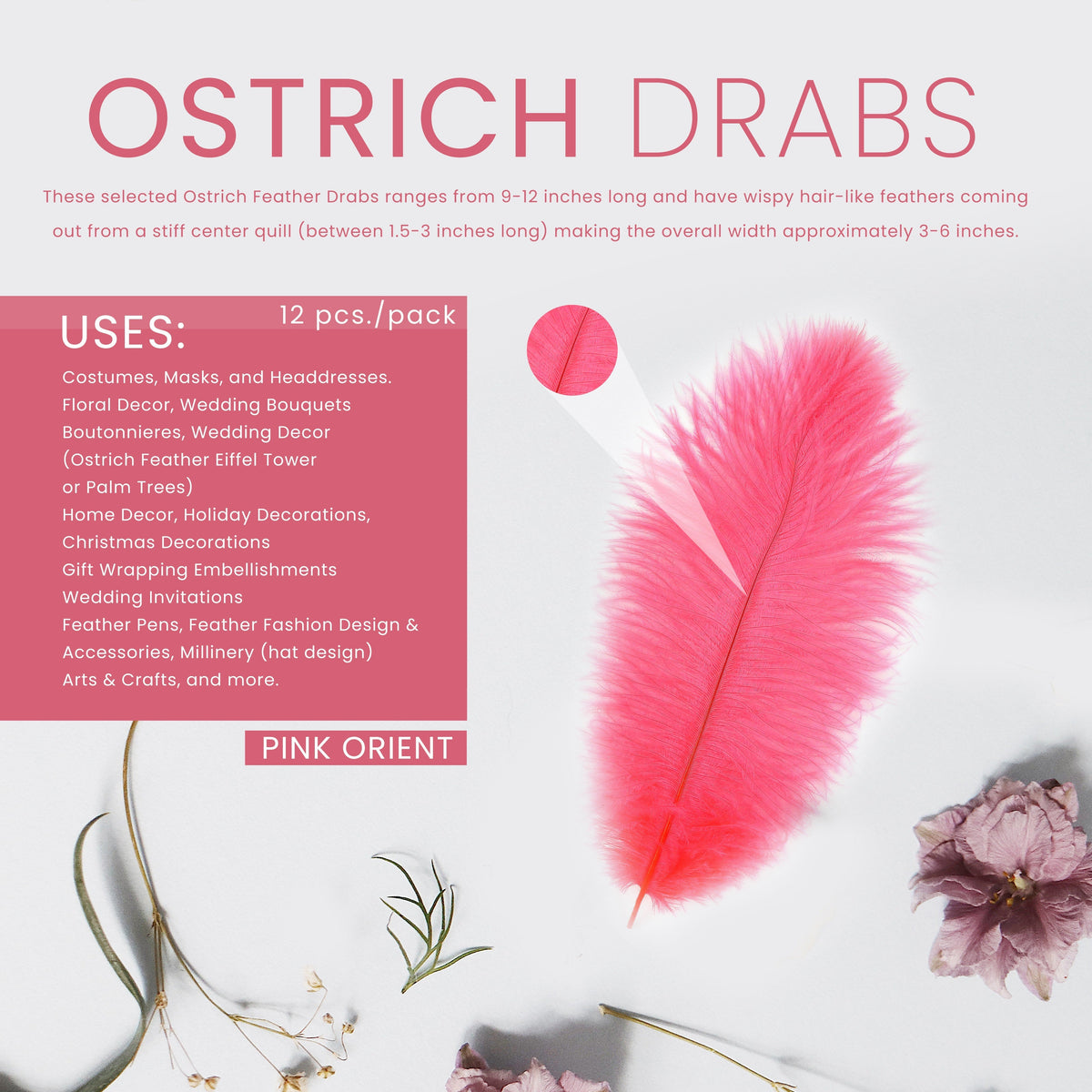 Ostrich Feathers 9-12" Drabs - Pink Orient