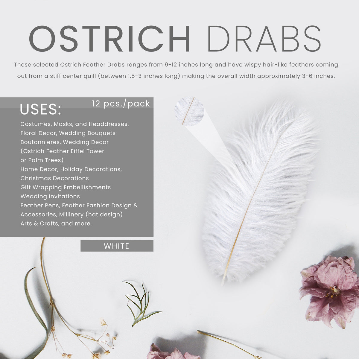 Ostrich Feathers 9-12" Drabs -  White