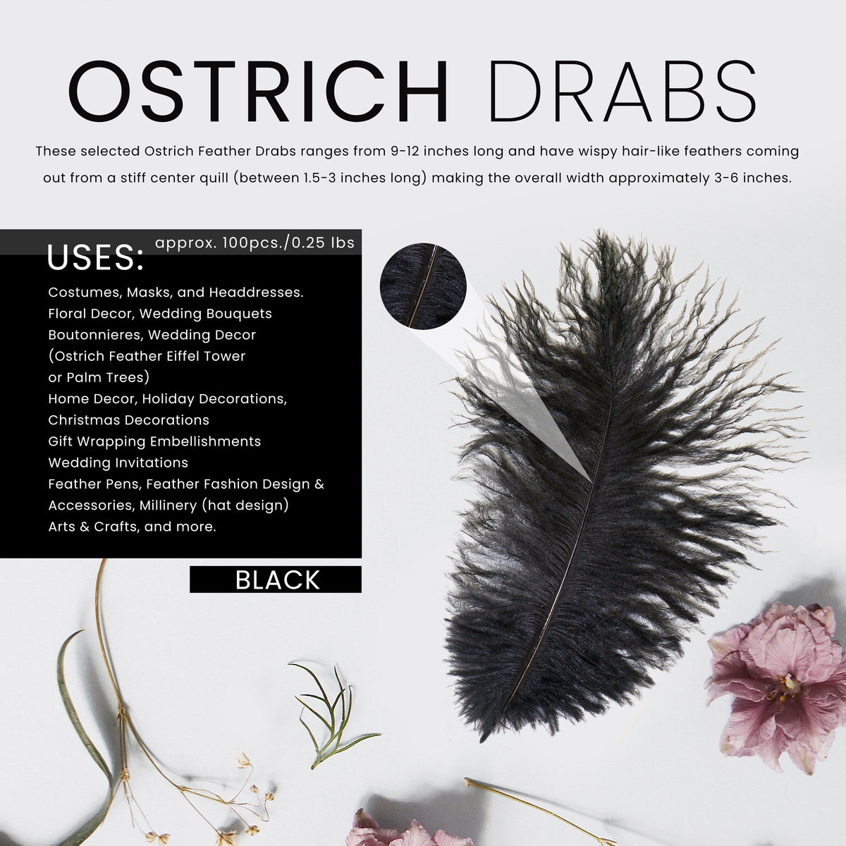Ostrich Feathers 9-12" Drabs -  Black