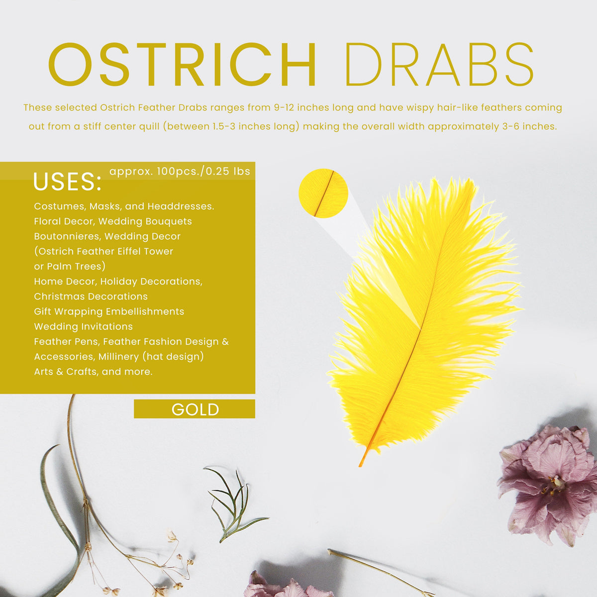 Ostrich Feathers 9-12" Drabs - Gold