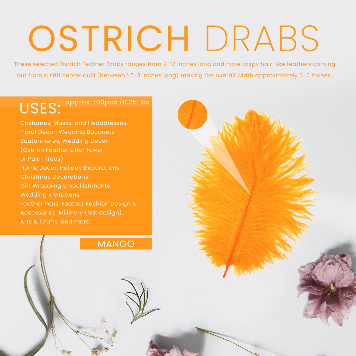 Ostrich Feathers 9-12" Drabs - Mango