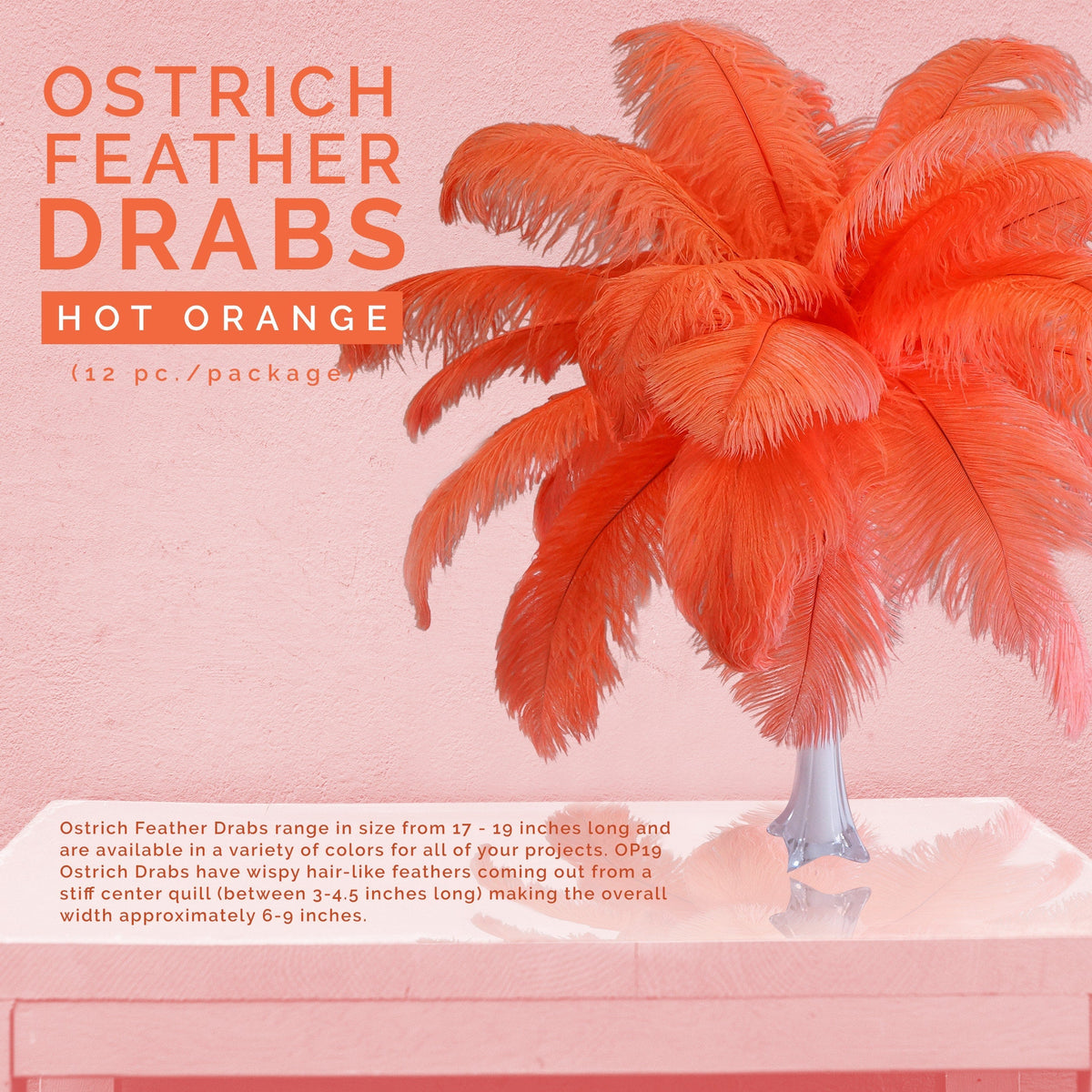 Large Ostrich Feathers - 17"+ Drabs - Hot Orange