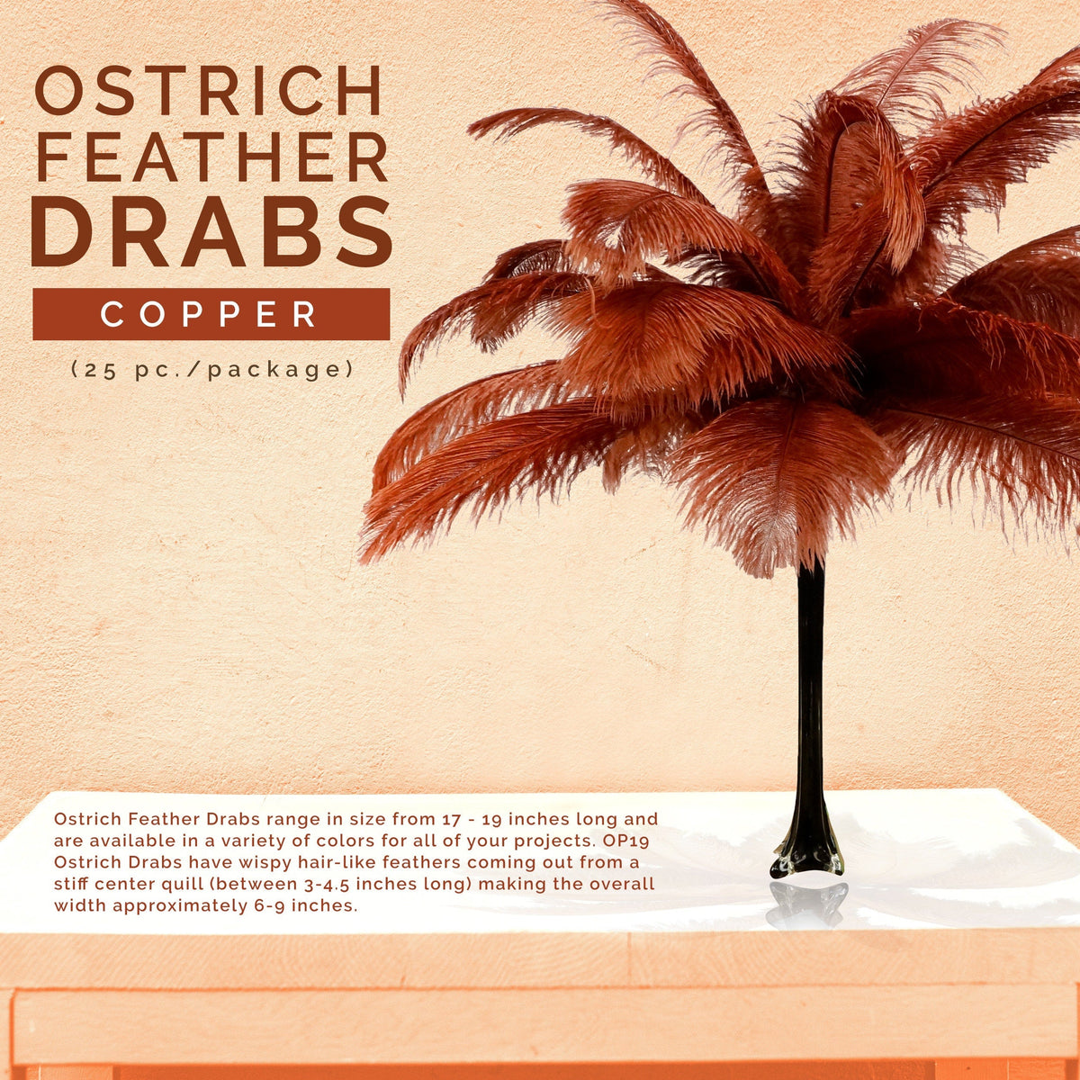 Large Ostrich Feathers - 17"+ Drabs - Copper