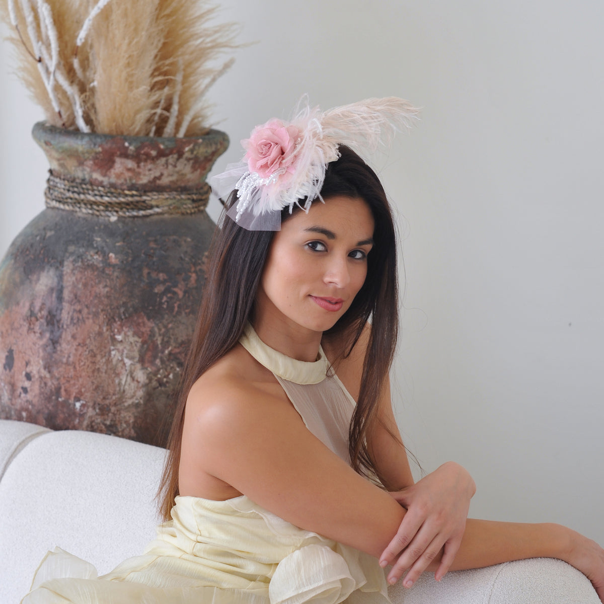 Victorian Style Ostrich Feather Clip Fascinator - Pink Champagne