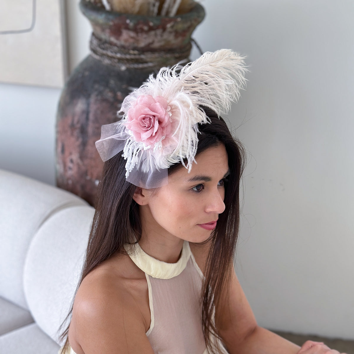Victorian Style Ostrich Feather Clip Fascinator - Pink Champagne