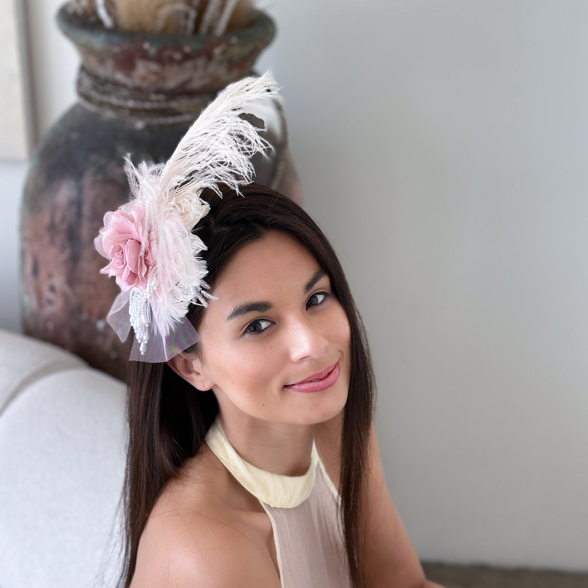 Victorian Style Ostrich Feather Clip Fascinator - Pink Champagne