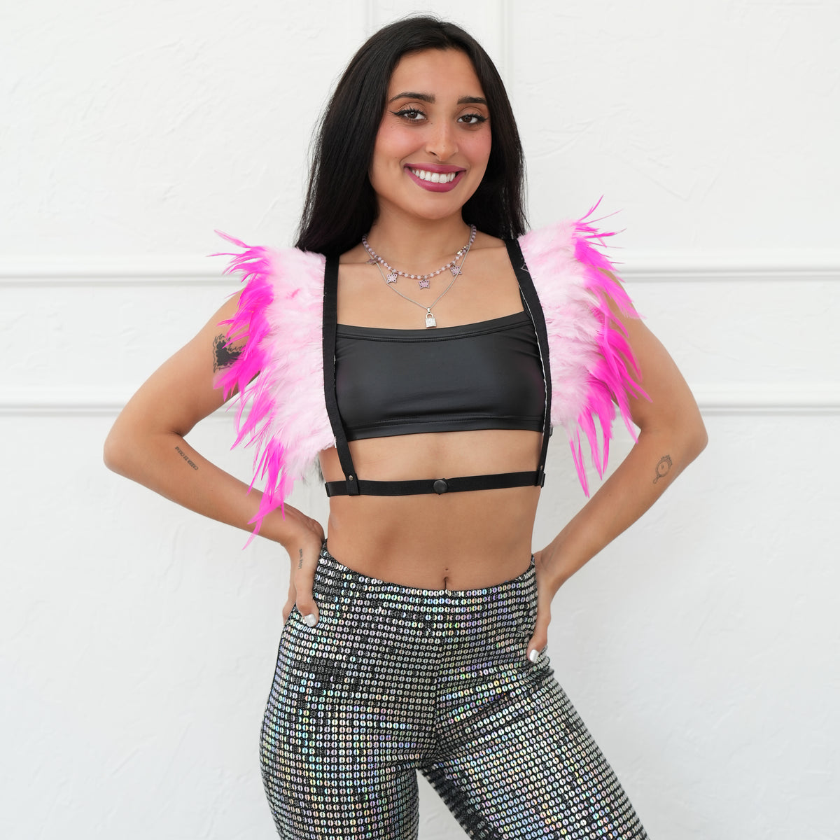 Dakota Feathers Down Harness - Striped Candy Pink/Shocking Pink