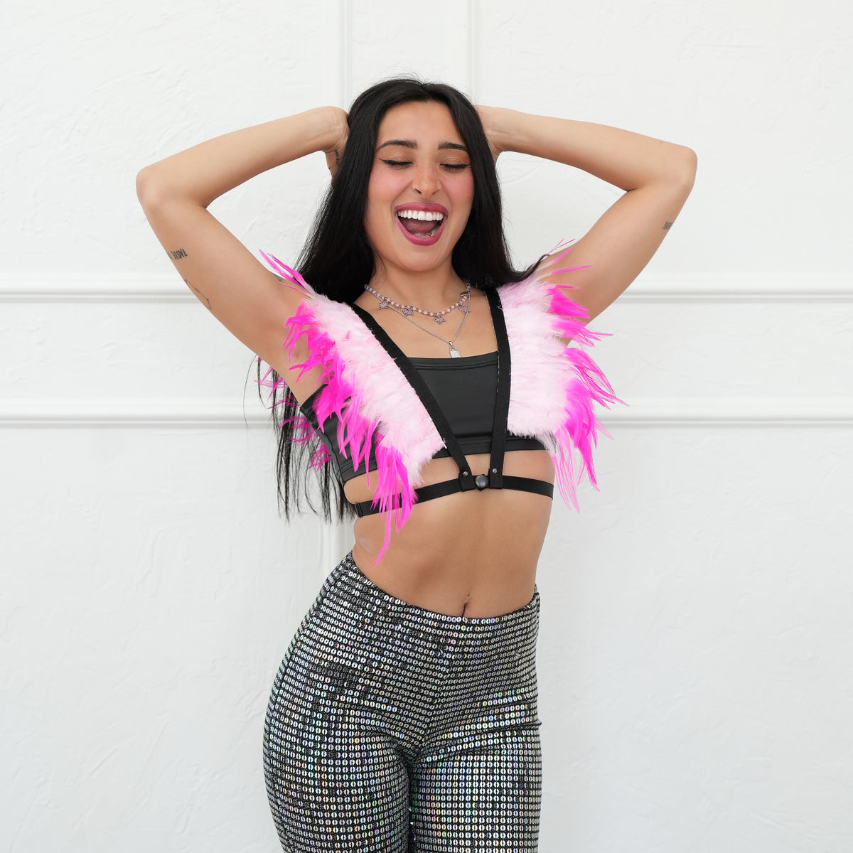 Dakota Feathers Down Harness - Striped Candy Pink/Shocking Pink