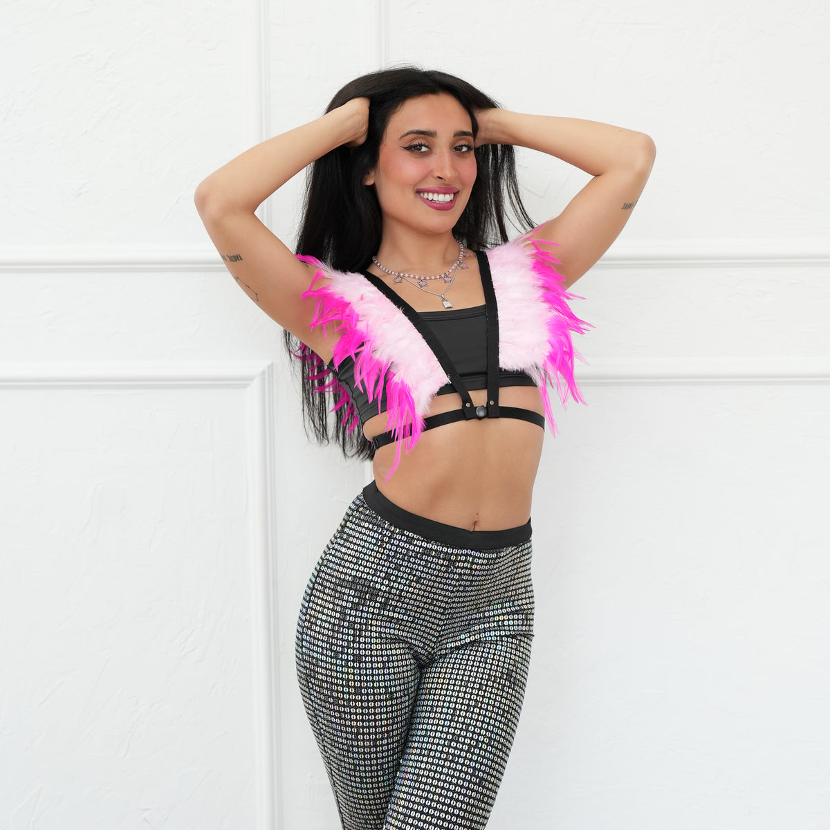 Dakota Feathers Down Harness - Striped Candy Pink/Shocking Pink