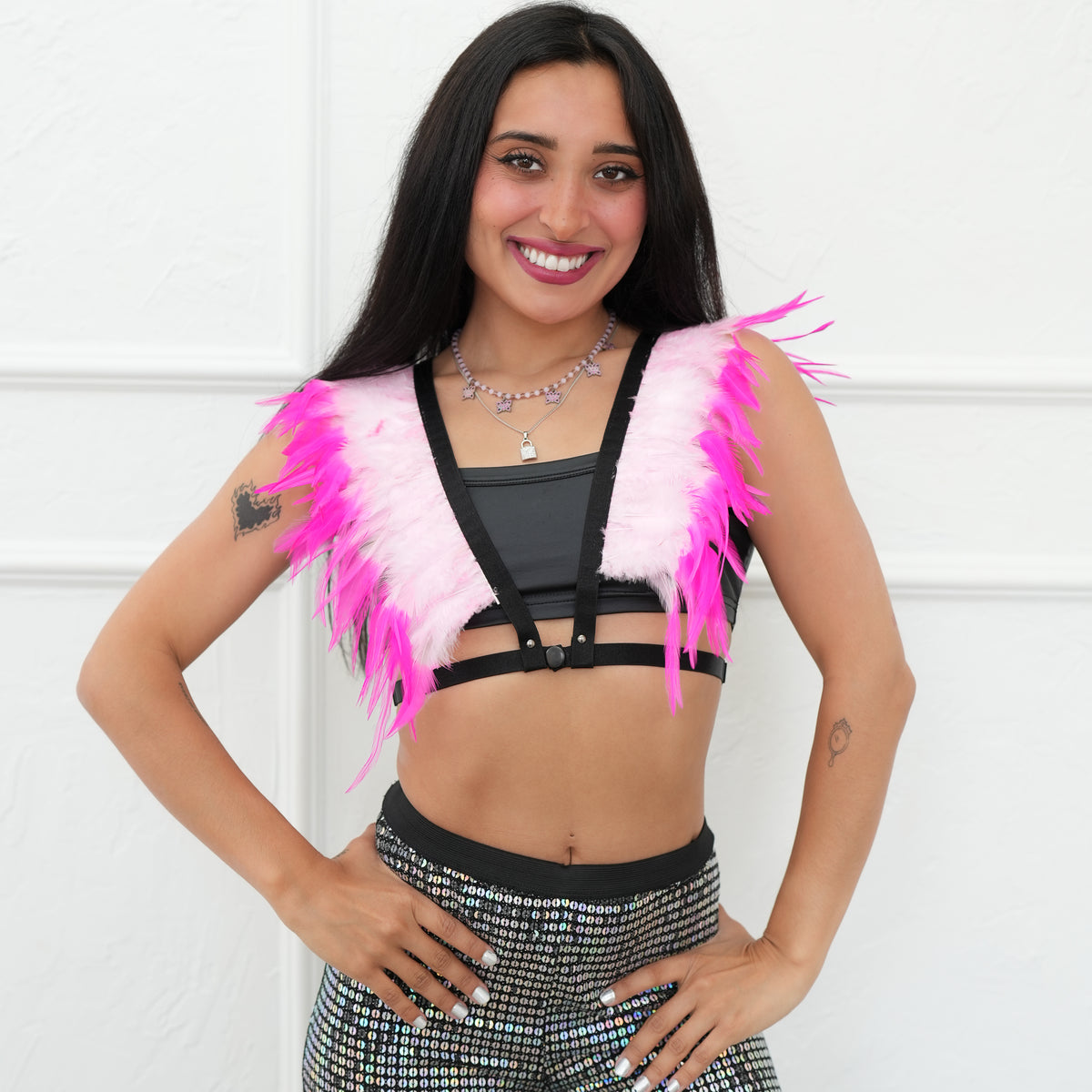Dakota Feathers Down Harness - Striped Candy Pink/Shocking Pink