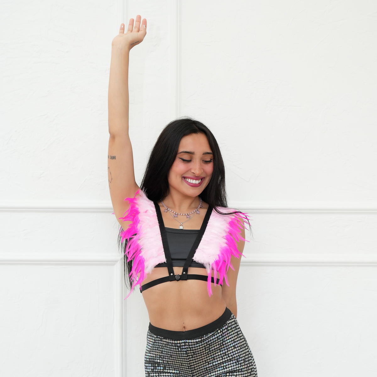 Dakota Feathers Down Harness - Striped Candy Pink/Shocking Pink