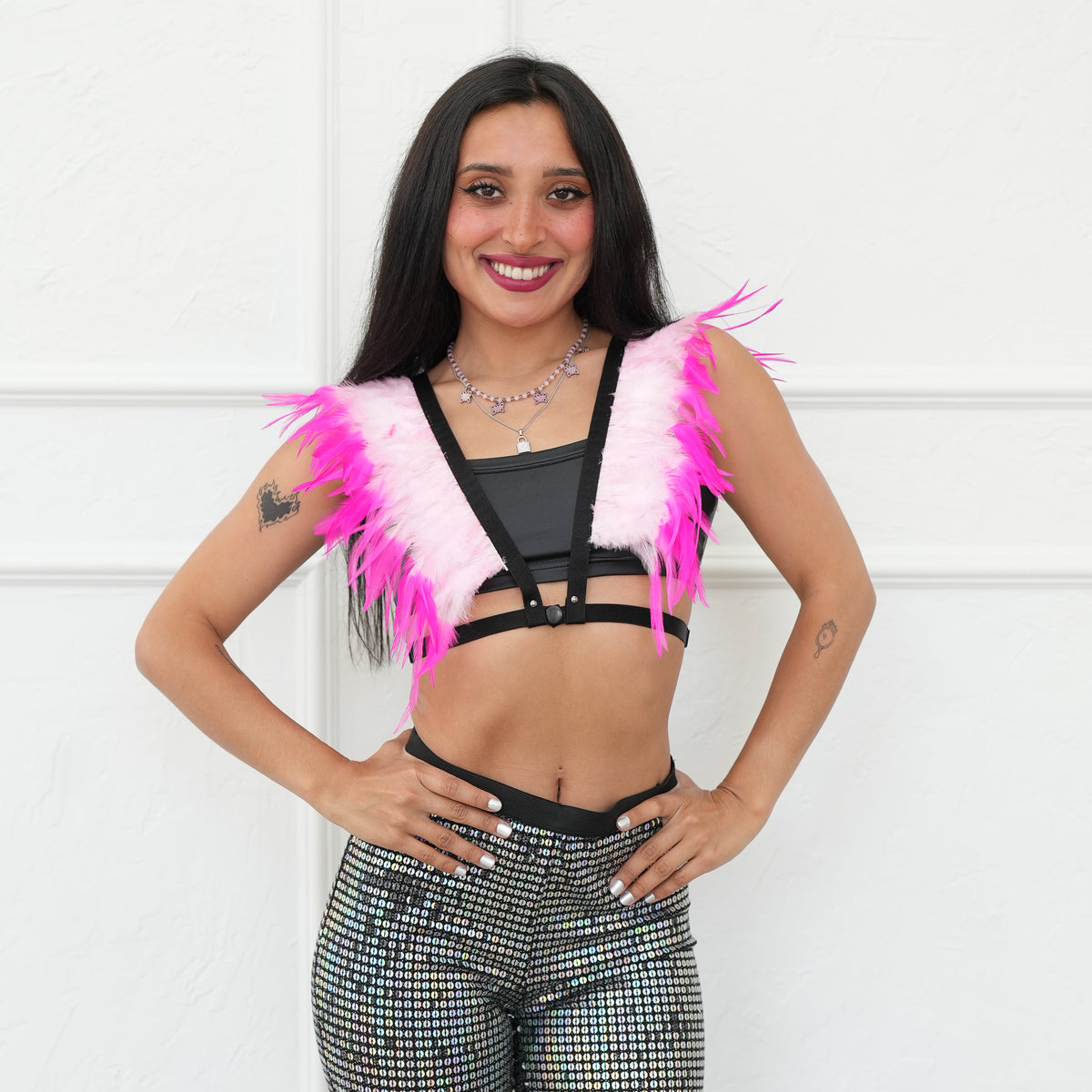 Dakota Feathers Down Harness - Striped Candy Pink/Shocking Pink