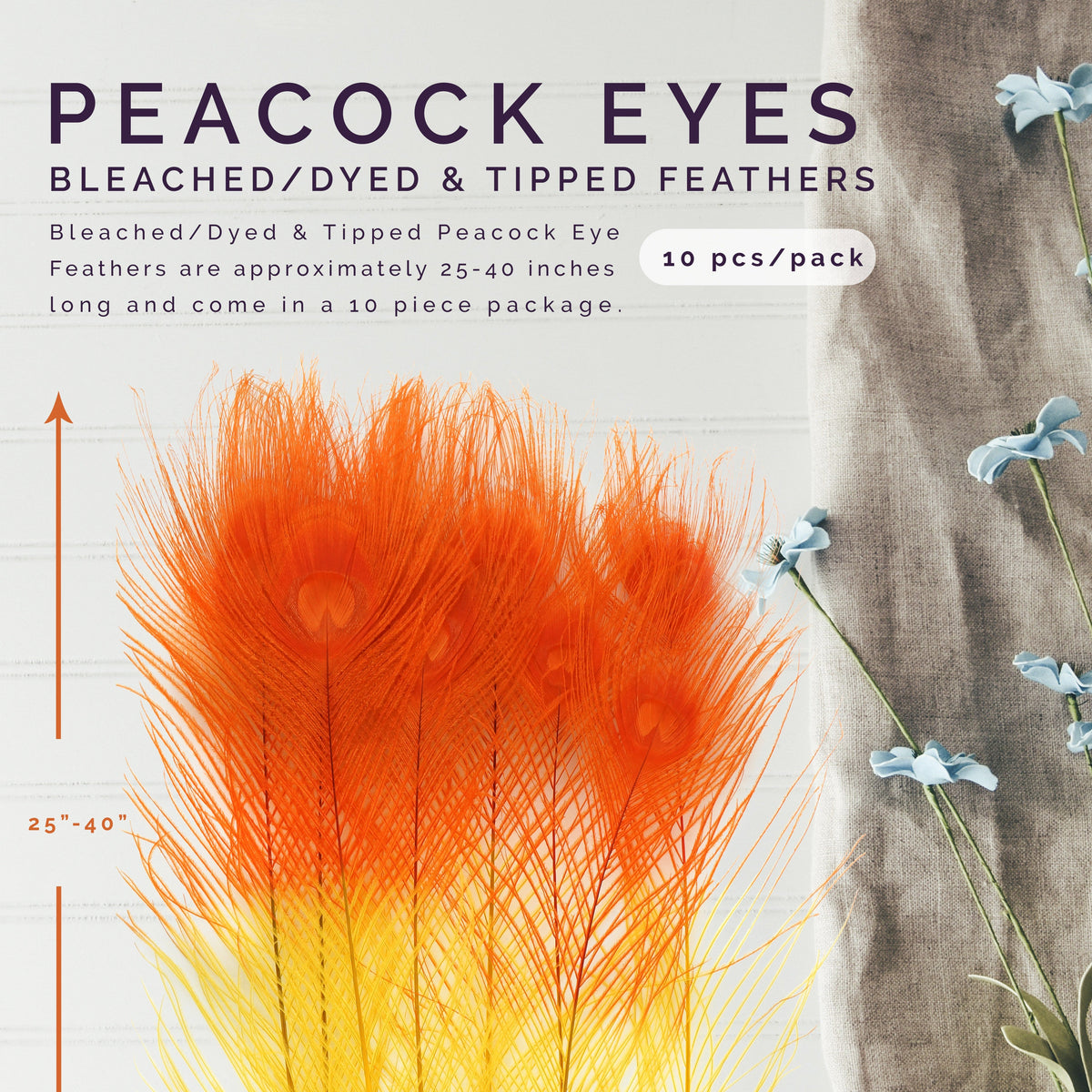 Peacock Eyes Bleached/Dyed & Tipped Feathers - 25-40 Inch - 10 PCS - Gold - Orange