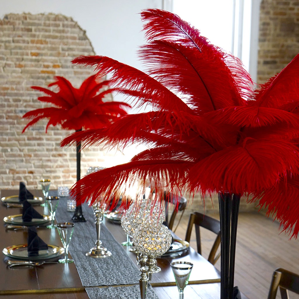 Ostrich Eiffel Tower Centerpiece Red w/Black Vase