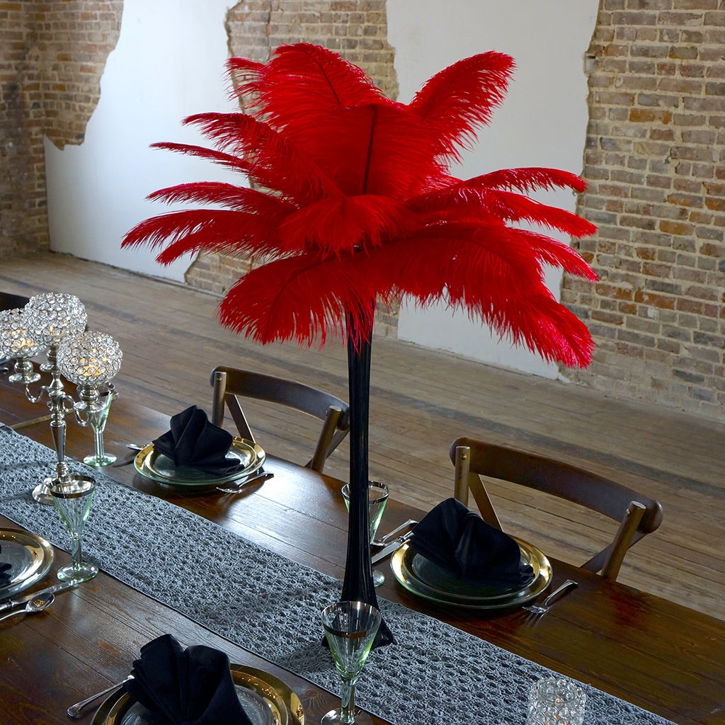 Ostrich Eiffel Tower Centerpiece Red w/Black Vase
