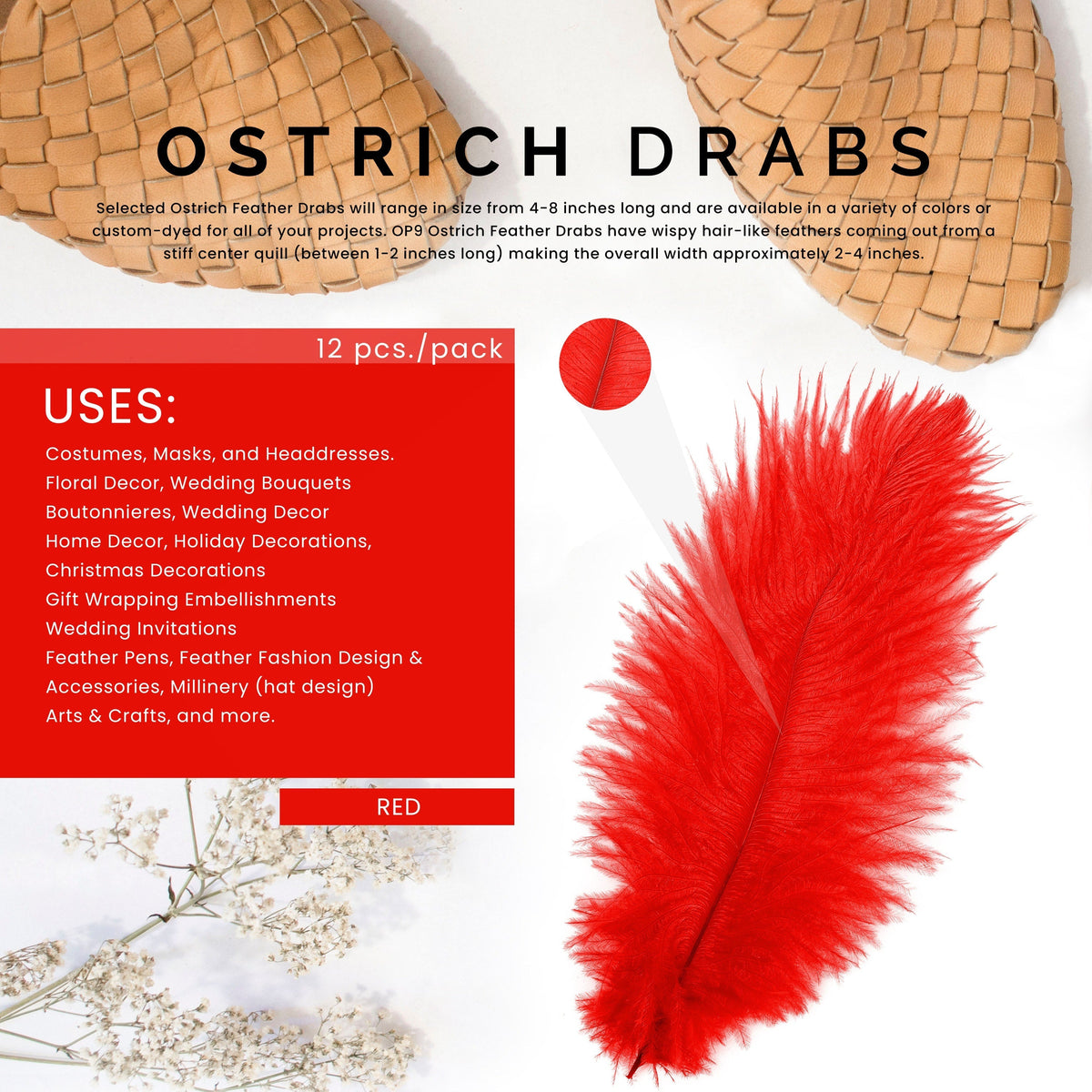 Ostrich Feathers 4-8" Drabs - Red