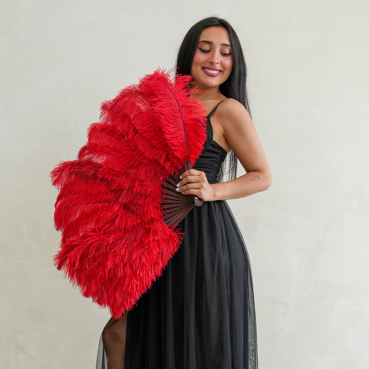 Ostrich Floss Feather Fan - Red