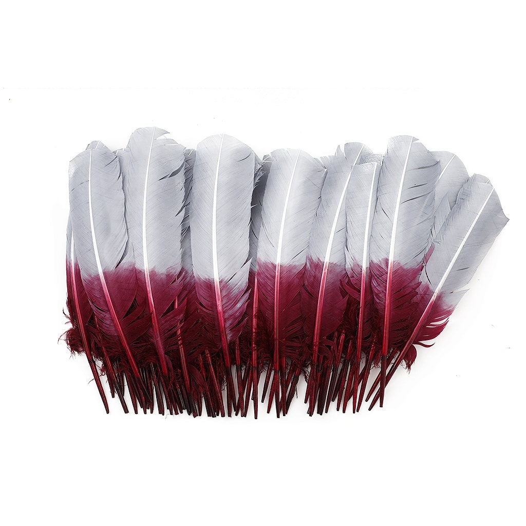 Ombre Turkey Quill Feathers 10-12"   Dip  .25 lb - Burgundy/ Silver