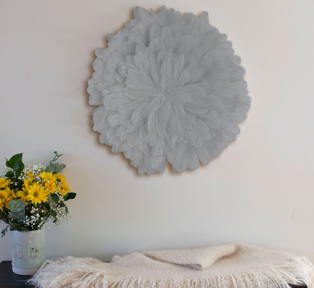 Unique Decorative Feather Wall Art Inspired by African JuJu Hats - Silver