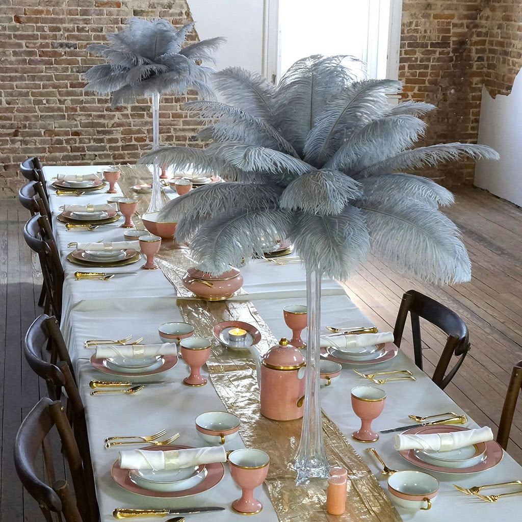 Ostrich Eiffel Tower Centerpiece Silver w/Clear Vase