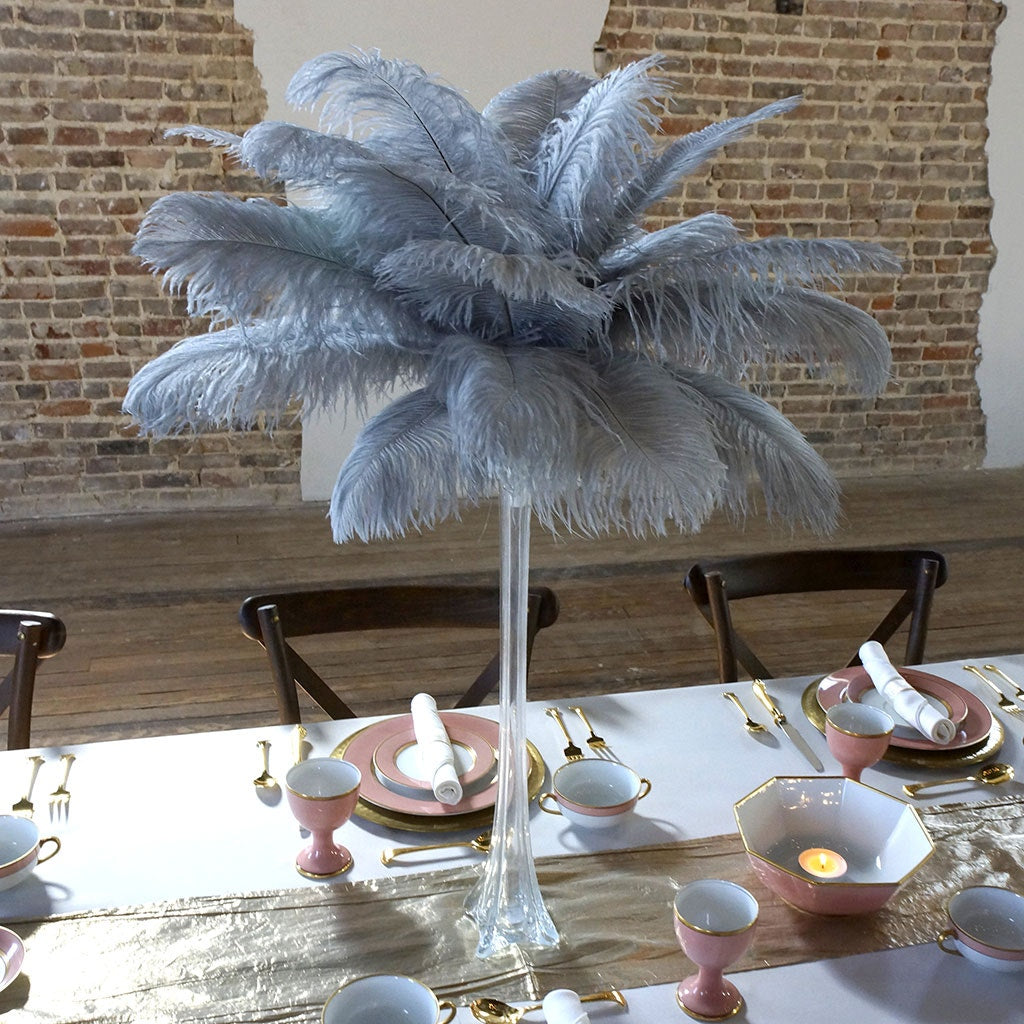 Ostrich Eiffel Tower Centerpiece Silver w/Clear Vase