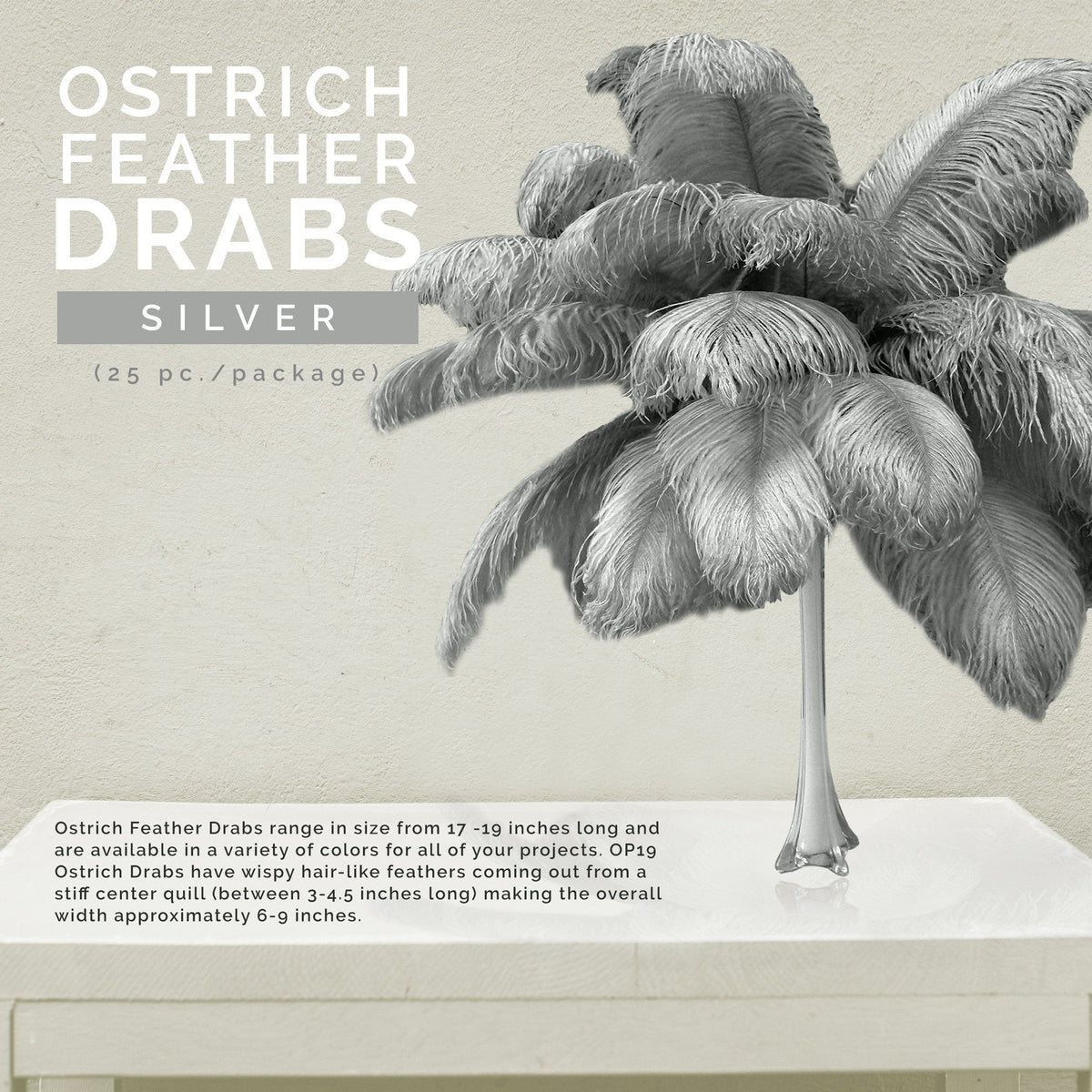 Large Ostrich Feathers - 17"+ Drabs - Silver