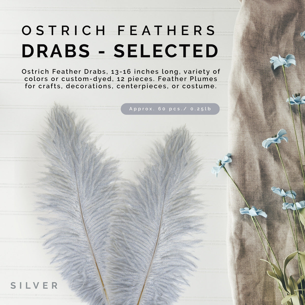 Ostrich Feathers 13-16" Drabs - Silver