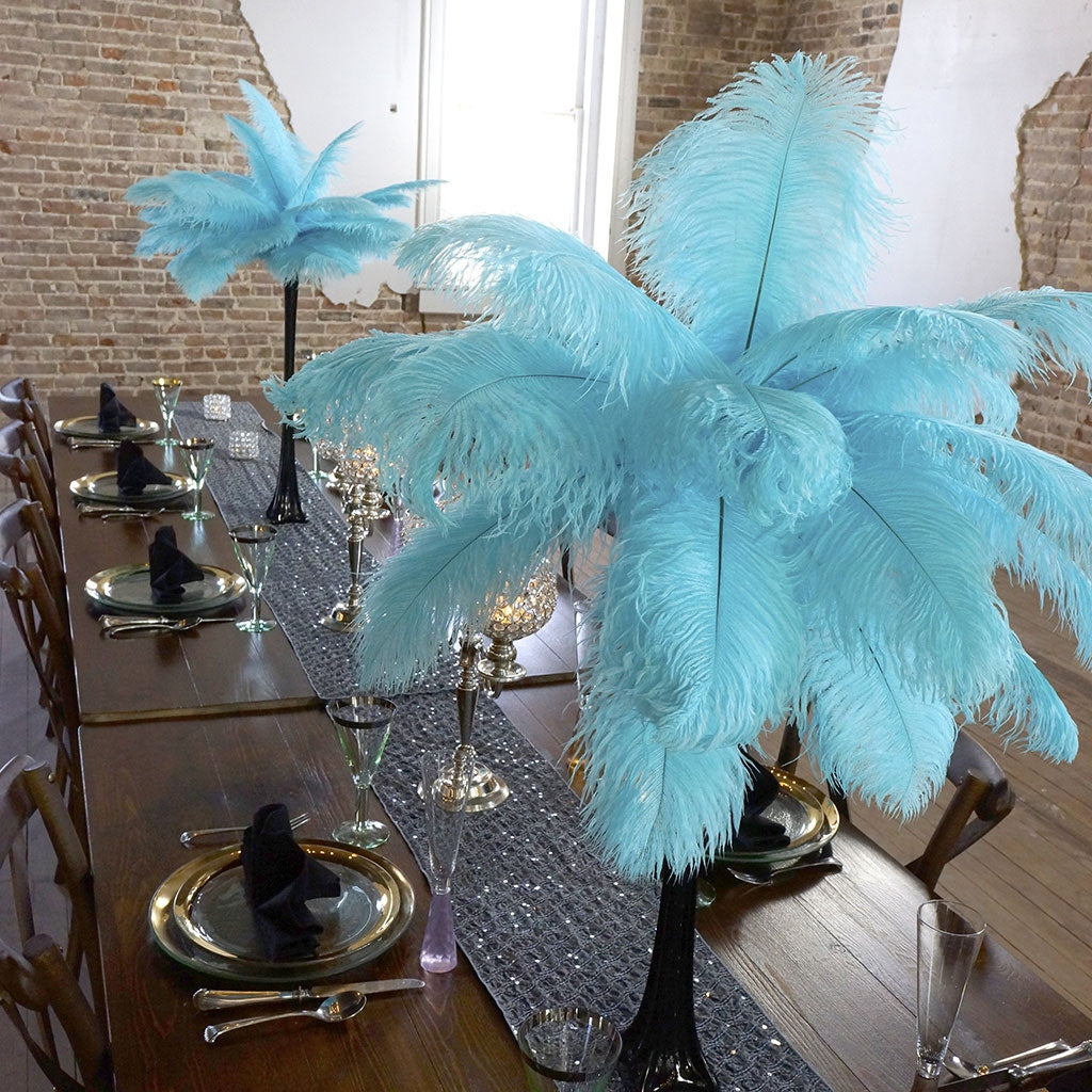 Ostrich Eiffel Tower Centerpiece Lt Turquoise w/Black Vase