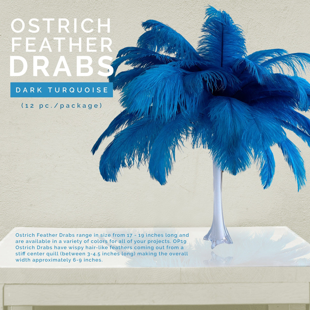 Large Ostrich Feathers - 17"+ Drabs - Dark Turquoise