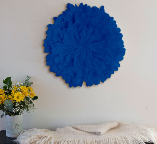 Unique Decorative Feather Wall Art Inspired by African JuJu Hats - Blue Topaz
