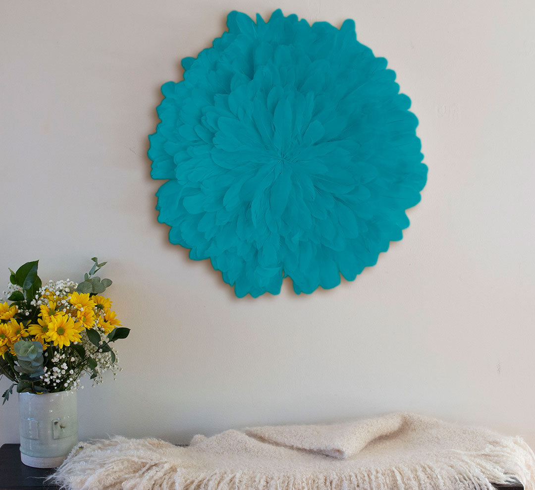 Unique Decorative Feather Wall Art Inspired by African JuJu Hats - Light Turquoise