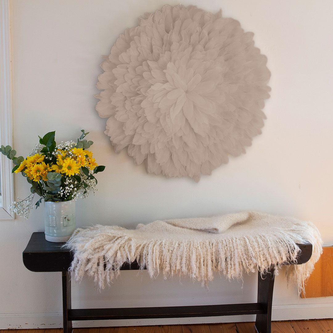 African JuJu Hat Feather Wall Art and Decor - Large - Beige