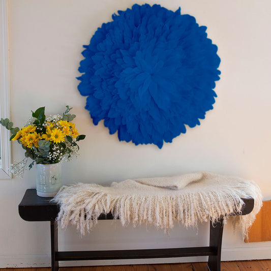 African JuJu Hat Feather Wall Art and Decor - Large - Blue Topaz