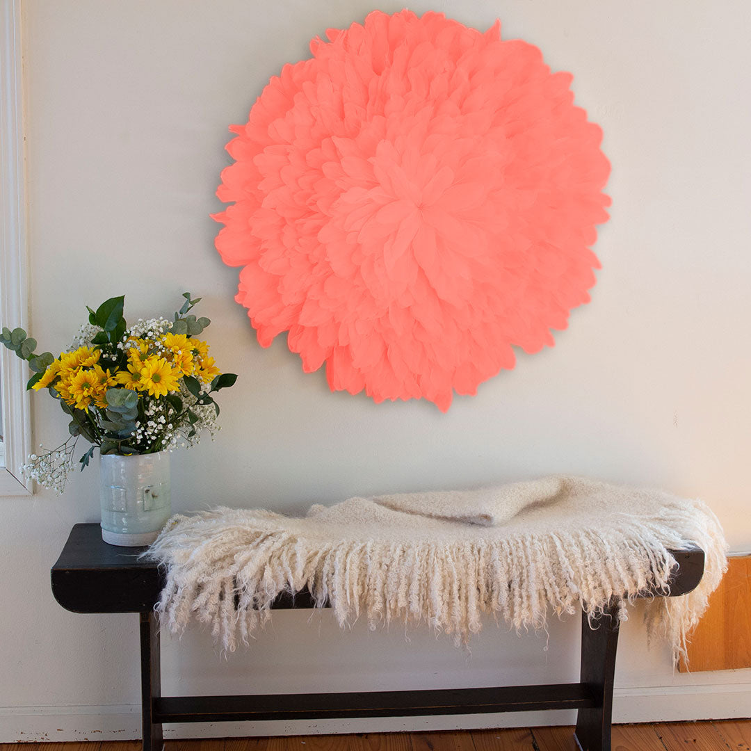 African JuJu Hat Feather Wall Art and Decor - Large - Coral