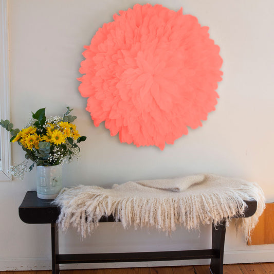 African JuJu Hat Feather Wall Art and Decor - Large - Coral