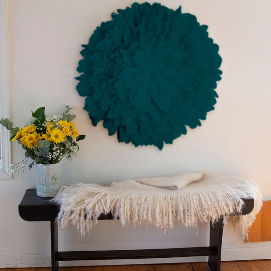 African JuJu Hat Feather Wall Art and Decor - Large - Peacock Blue