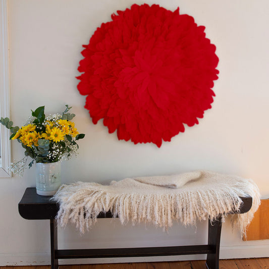 African JuJu Hat Feather Wall Art and Decor - Large - Red