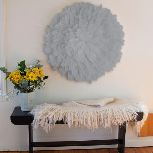 African JuJu Hat Feather Wall Art and Decor - Large - Silver