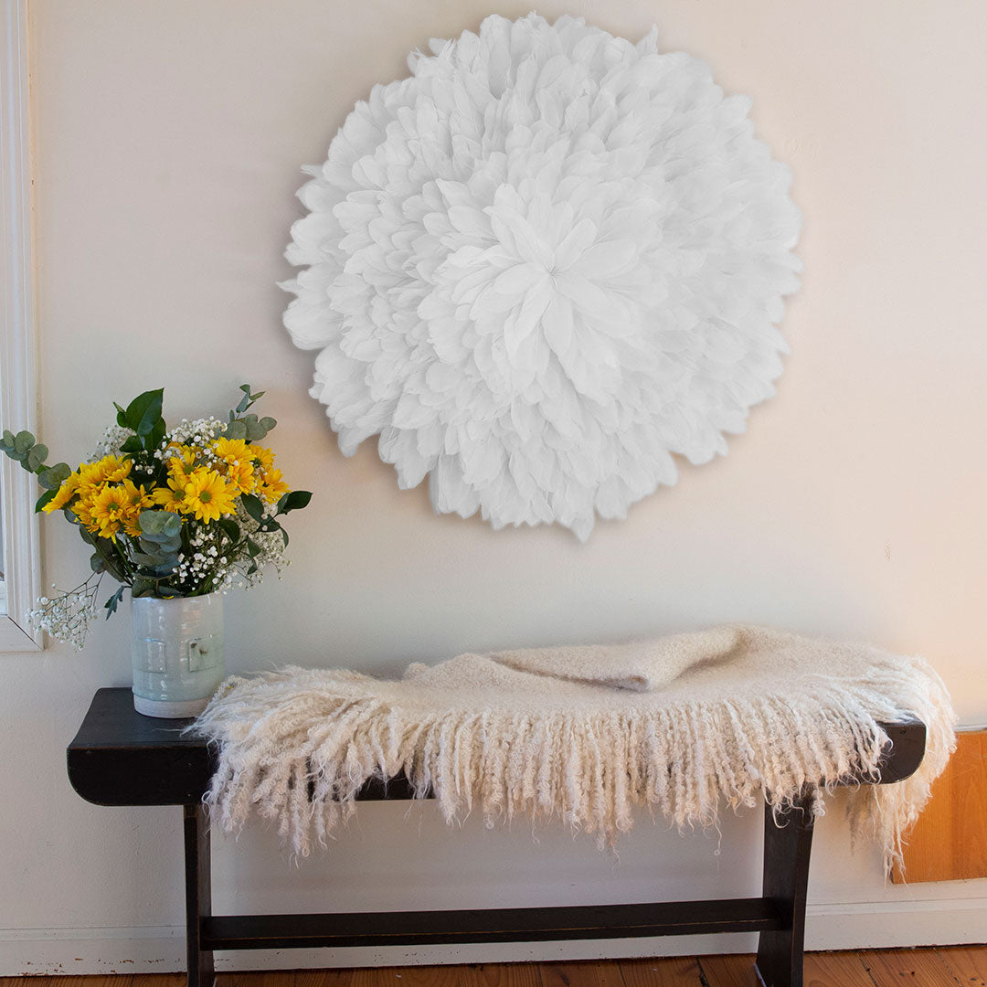 African JuJu Hat Feather Wall Art and Decor - Large - White