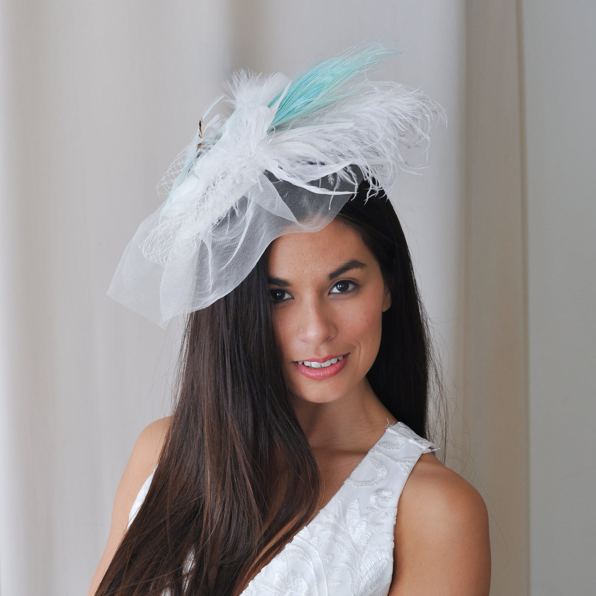 Blanca Ostrich Feather Fascinator - Light Turquoise, Silver, White