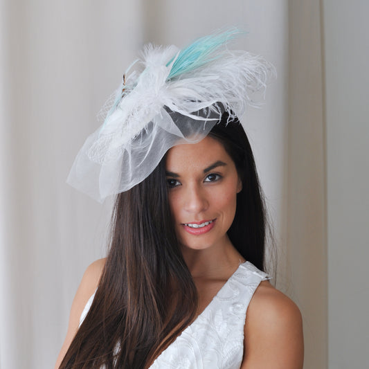 Blanca Ostrich Feather Fascinator - Light Turquoise, Silver, White