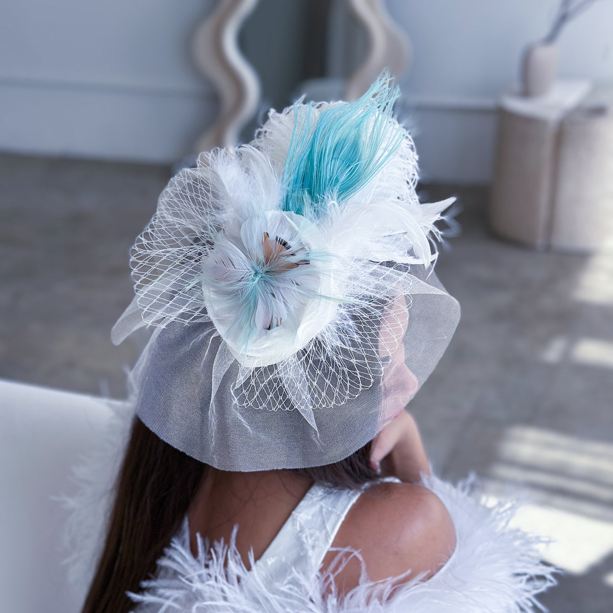 Blanca Ostrich Feather Fascinator - Light Turquoise, Silver, White