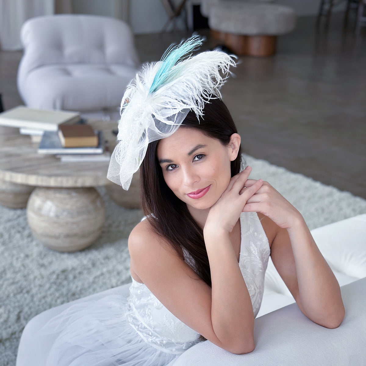 Blanca Ostrich Feather Fascinator - Light Turquoise, Silver, White