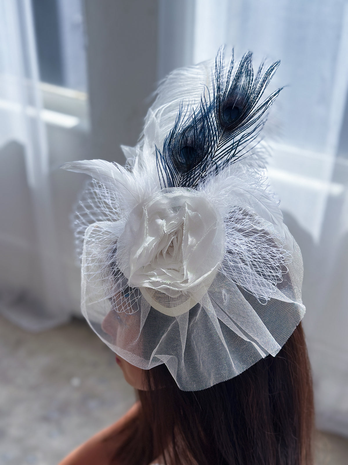 Blanca Ostrich Feather Fascinator - Navy and White