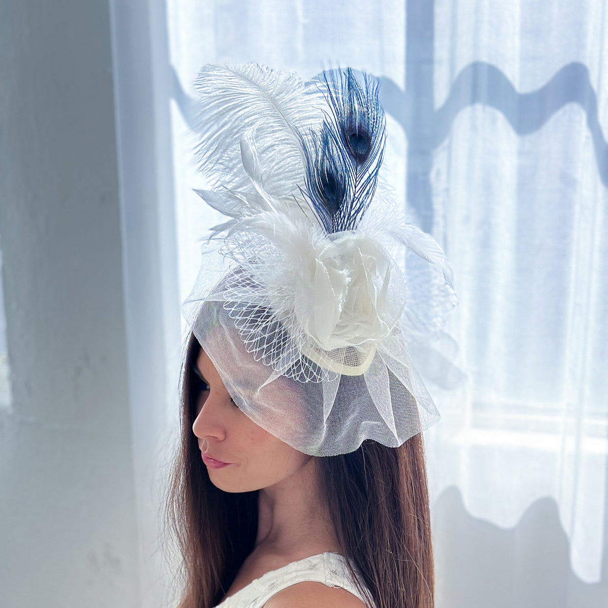 Blanca Ostrich Feather Fascinator - Navy and White