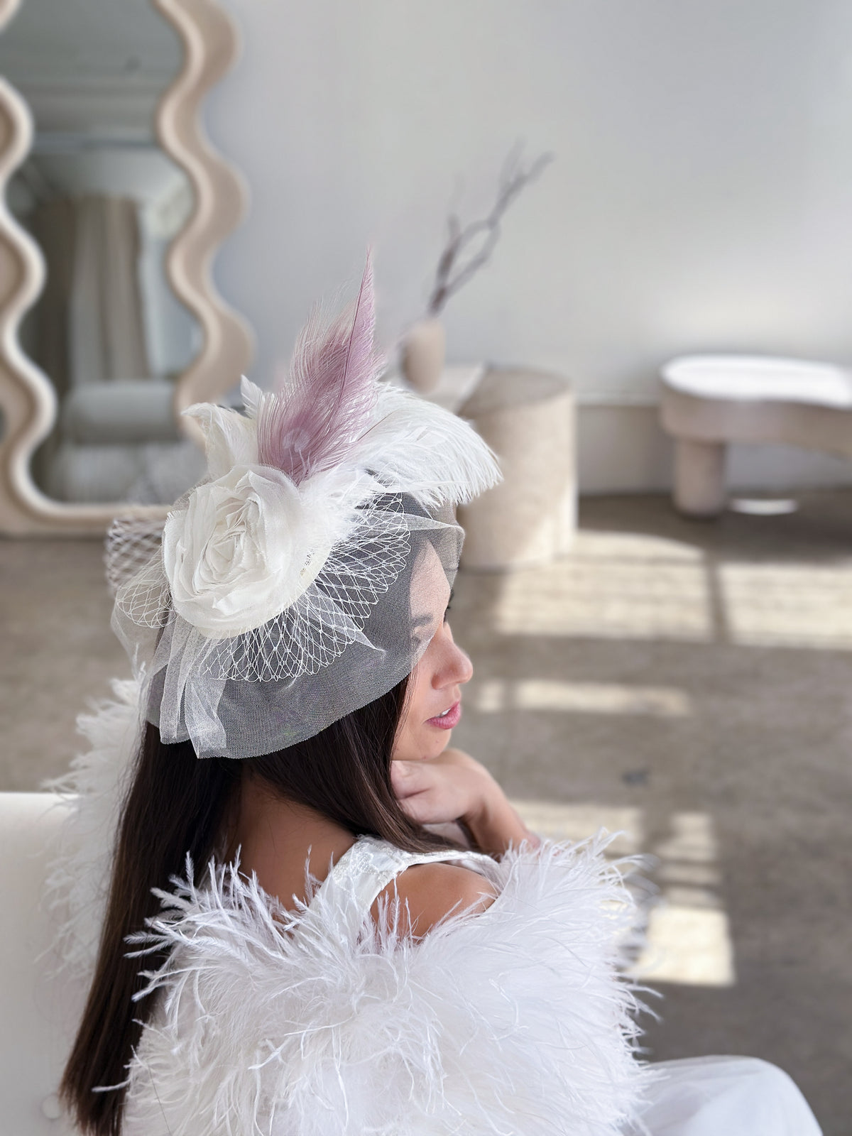 Blanca Ostrich Feather Fascinator - Orchid and White